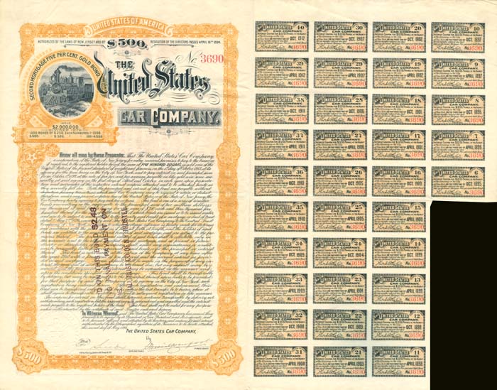 United States Car Co. - 1894 dated Railway Gold Bond - Gorgeous Railroad Bond